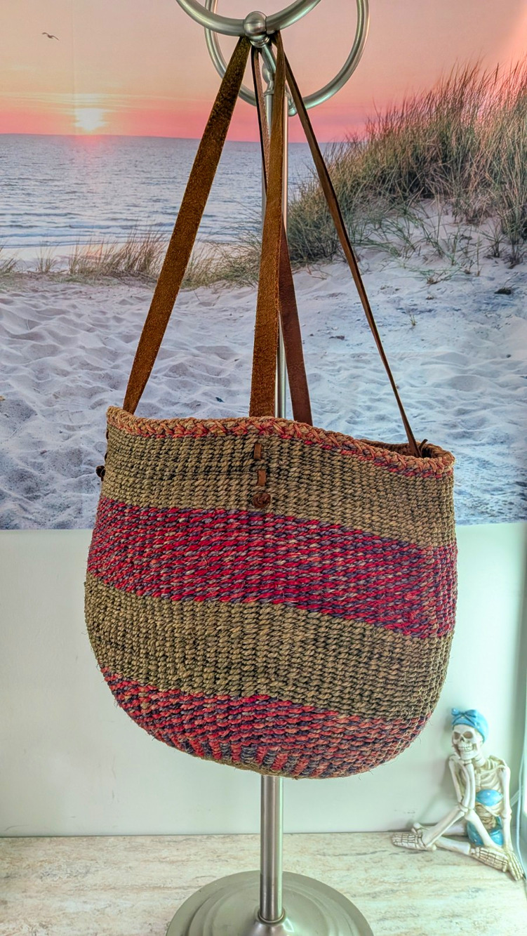 Vintage Sisal Woven Basket Tote Bag Leather Strap Striped Boho Market Beach Good